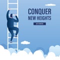 Conquer new heights, landing page template. Ladder in sky above clouds, businessman climbs stairs