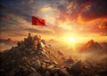 Conquer the Summit A Red Flag Victory Summit Experience Achieving Peak Success Through a Challenging But Rewarding Royalty Free Stock Photo