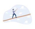 Conquering Adversity Problem, Man Walking Balancing with Briefcase on Long Wire Tightrope Risk Danger Business Challenge, flat Royalty Free Stock Photo