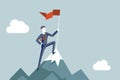 Conquering heights flag businessman conqueror character achievement top point aoal mountain background business concept