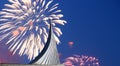 Conquerors of Space Monument in the park outdoors of Cosmonautics museum and fireworks, Moscow, Russia Royalty Free Stock Photo