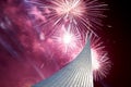 Conquerors of Space Monument in the park outdoors of Cosmonautics museum and fireworks, Moscow, Russia Royalty Free Stock Photo