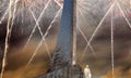 Conquerors of Space Monument in the park outdoors of Cosmonautics museum and fireworks, Moscow, Russia Royalty Free Stock Photo