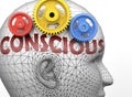 Conscious and human mind - pictured as word Conscious inside a head to symbolize relation between Conscious and the human psyche,