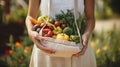 Conscious Shopping: Woman Buying Fresh Produce with Eco Bags at Farmers Market. Generative ai