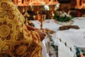 Consecrated bread and wine in chalice on Holy See, during orthodox liturgy on Easter Royalty Free Stock Photo