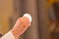 consecration of the body of Christ in the hands of the priest who addresses the faithful