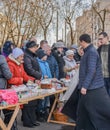 The consecration of eggs and cakes near the Church-chapel of the Intercession of the blessed virgin in Rybatsky in St. Petersburg Royalty Free Stock Photo