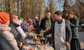 The consecration of eggs and cakes near the Church-chapel of the Intercession of the blessed virgin in Rybatsky in St. Petersburg Royalty Free Stock Photo