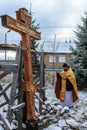 The consecration of the memorial Orthodox cross near the temple in the Kaluga region of Russia.