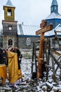 The consecration of the memorial Orthodox cross near the temple in the Kaluga region of Russia.