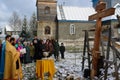 The consecration of the memorial Orthodox cross near the temple in the Kaluga region of Russia.