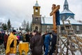 The consecration of the memorial Orthodox cross near the temple in the Kaluga region of Russia.