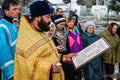 The consecration of the memorial Orthodox cross near the temple in the Kaluga region of Russia.