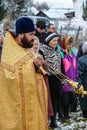 The consecration of the memorial Orthodox cross near the temple in the Kaluga region of Russia.