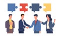 Consensus. Agreement in discussion. People shake hands. Puzzle connection. Successful negotiation. Business Royalty Free Stock Photo
