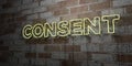 CONSENT - Glowing Neon Sign on stonework wall - 3D rendered royalty free stock illustration
