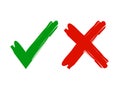 Consent sign and prohibition sign, checkmark, cross drawn with brush strokes, crosses x and ticks OK, set vector illustration