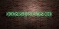 CONSEQUENCE - fluorescent Neon tube Sign on brickwork - Front view - 3D rendered royalty free stock picture