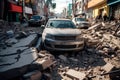 Consequences of the earthquake. Destroyed houses, roads, cars. Natural disasters.