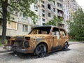 Consequences of the war in Ukraine, destroyed houses and burned cars