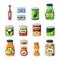 Conservation food, products in cans flat vector illustrations set
