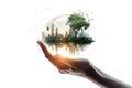 Conservationist shows beautiful scenery. Icon. A world with beautiful scenery in hand. Hologram. Love the world. Generative AI Royalty Free Stock Photo