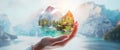 Conservationist shows beautiful scenery. Icon. A world with beautiful scenery in hand. Hologram. Love the world. Generative AI Royalty Free Stock Photo