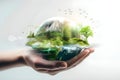 Conservationist shows beautiful scenery. Icon. A world with beautiful scenery in hand. Hologram. Love the world. Generative AI Royalty Free Stock Photo