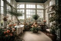 conservatory filled with florals and greenery for elegant and serene display