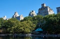 Conservatory Water is model boat pond in Central Park, NYC. Beyond the trees are apartment buildings on Fifth Avenue