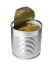 Conserved green beans in can on white