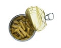 Conserved green beans in can on white, top view