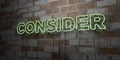 CONSIDER - Glowing Neon Sign on stonework wall - 3D rendered royalty free stock illustration