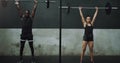 Consistency builds ultimate results. Portrait of a young man and woman doing an overhead press with a barbell in a gym. Royalty Free Stock Photo