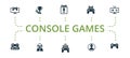 Console Games icon set. Contains editable icons theme such as race games, game console, avatar and more. Royalty Free Stock Photo