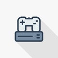 Console and joystick, gaming thin line flat color icon. Linear vector symbol. Colorful long shadow design.