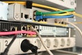 Ratzeburg, Germany, March 18, 2019console racks with cable and switch from a network server, selected focus, narrow depth of field