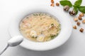 Consomme with hommade chicken. Bouillon with noodles and eggs. Royalty Free Stock Photo