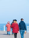 Constanta, Romania - 02.25.2021: Couples out for a relaxing walk or stroll on Constanta seafront Faleza Cazino Constanta