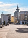 Constanta, Romania - 02.25.2021: Moscheea Carol I Mosque of Constanta- Minaret seen from Ovidiu Square, in Constanta Romania