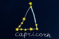 Constellation drawn in chalk and gold stars on a chalkboard looking like a night starry sky