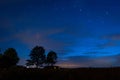 The constellation Ursa Major and a comet Neowise in the sky above trees and a village house. Royalty Free Stock Photo