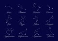 Constellations, set collection of 12 zodiac signs with titles, vector isolated on blue sky background Royalty Free Stock Photo