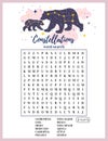 Constellations word search puzzle. Educational logic game. Printable worksheet for learning English words about space. Royalty Free Stock Photo