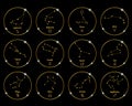 Constellations of zodiac signs in golden shiny circles, set. Golden design on a black background. Icons vector Royalty Free Stock Photo