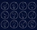 Constellations of zodiac signs in white shiny circles, set. White outline on a blue background. Icons vector Royalty Free Stock Photo