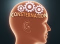Consternation inside human mind - pictured as word Consternation inside a head with cogwheels to symbolize that Consternation is
