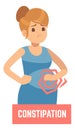 Constipation banner. Woman with stomach ache. Pregnancy symptom