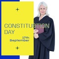 Constitution day text in blue on yellow with happy senior caucasian female attorney in gown